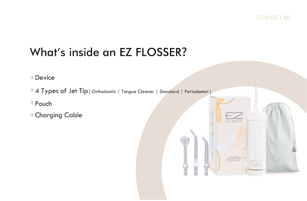What's inside an EZ FLOSSER? : Device
4 Types of Jet Tip | Orthodontic | Tongue Cleaner | Standard | Periodontal)
Pouch
Charging Cable